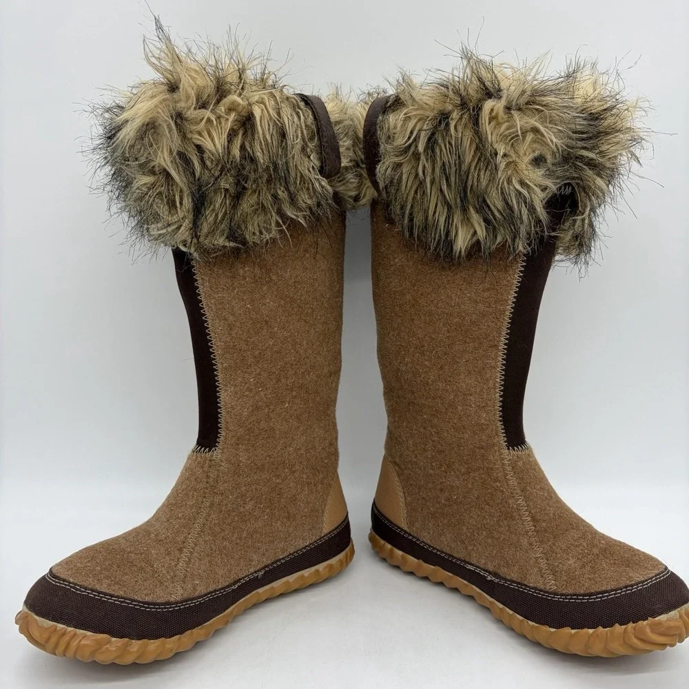 Sorel Womens 5 Boots Cozy Joan Tall Felt Faux Fur Tan Warm Pull On NL1884-286